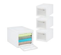 Relaxdays Juego Almacenamiento Cajas de Almacenaje Apilables en Set de 4, Cestas de Plástico, 31L, con Tapa y Puerta Semitransparente, Blanco, 26 x 30 x 40 cm