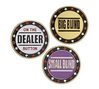 Relaxdays Juego Botones Póker Metal, Pines Póquer Crupier, Small, Big Blind, Funda Protectora, Ø 4cm, 30g, Dorado, Bambú