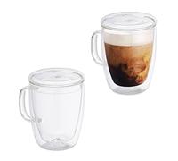 Relaxdays Juego café Pack 2 Vasos de Cristal de Doble Pared, 500 ml, Asa y Tapa, Vidrio Borosilicato, Tazas Aislantes, Transparente, 12.5 x 13.5 x 10 cm