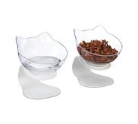 Relaxdays Juego Comedero para Gatos Elevado, Set de 2, 500ml, 15 x 13 x 15 cm, Cuencos Comida Mascotas, Blanco/Transparente