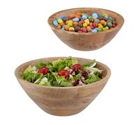 Relaxdays Juego de 2 Ensaladeras de Madera de Mango, Cuencos Redondos para Ensalada, Fruteros Ø 18, 23 y 29 cm, Marrón, Caucho, Negro, 12 x 29 cm