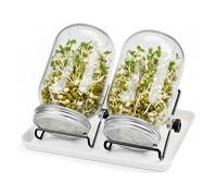 Relaxdays Juego de 2 frascos para germinar, Soporte y Bandeja, 850 ml, Cultivo de brotes, Claro/Blanco