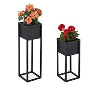 Relaxdays Juego de 2 Jardineras, Metal, 2 Tamaños, con Soporte, Salón y Pasillo, Bancal Cuadrado para Plantas, Negro, Hierro, 50 x 21 x 21 cm