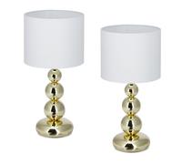 Relaxdays Lámpara de Mesa, Set 2, Base Metálica y Pantalla Tela, E27, 50x25, Lamparita Noche, Dormitorio, Blanco/Dorado