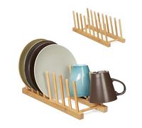 Relaxdays Juego de 2 Soportes Escurreplatos en Set de 2, 8 Platos c/u, Tapas de Olla, Tablas de Picar, Escurridor Vajilla Bambú, Natural, 12 x 12,5 x 34 cm Aprox