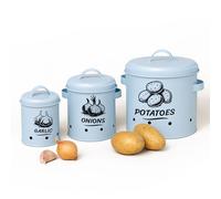 Relaxdays Caja para almacenar Patatas, cebollas y ajos, Set de 3, con Tapa y Agujeros, Metal, Azul Claro