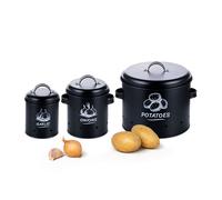 Relaxdays Caja para almacenar Patatas, cebollas y ajos, Juego de 3, con Tapa y Orificios, Metal, Color Negro
