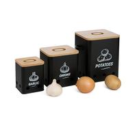 Relaxdays Juego de 3 Cajas para Guardar Patatas, cebollas y ajos, Metal, Tapa de bambú, Negro/Natural