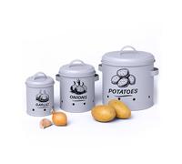 Relaxdays Caja para almacenar Patatas, cebollas y ajos, Set de 3, con Tapa y Agujeros, Metal, Gris
