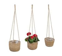 Relaxdays Juego de 3 cestas Algas Pack 3 Macetas Colgantes de Hierba Marina, 3 Tamaños, Tiestos Plantas para Colgar, con Forro Plástico, Natural, Fibra Vegetal, 85 x 23,5 cm