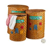 Relaxdays Juego de 3 Cestos Ropa Sucia Redondos con Tapa, Bambú, Marrón Miel, 40. 70 Y 100 litros