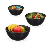 Relaxdays Juego de 3 Ensaladeras de Madera de Mango, Cuencos Redondos para Ensalada, Fruteros Ø 18, 23 y 29 cm, Negro