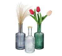 Relaxdays Glass Vases Juego de 3 Jarrones de Cristal, Floreros en Forma de Botella, 20,5 x 8 cm, Superficie Estriada, Multicolores