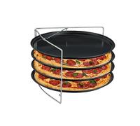 Relaxdays Juego de 4 bandejas para pizza con soporte, antiadherente, acero al carbono, bandeja redonda para pizza, color gris y plateado