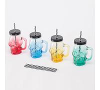 Relaxdays Juego de 4 Vasos con Tapa, Pajita, asa, Calavera, 500 ml, Cristal Multicolor, 14.5 x 12 x 9 cm