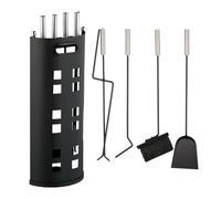 Relaxdays Juego de 5 Utensilios Color Negro Accesorios Chimenea, 5 Piezas, Set de Estufa con Atizador, Pinzas, Escoba, Pala y Soporte, Moderno, Acero Inoxidable, 61 x 22 x 15 cm