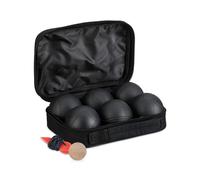 Relaxdays 6 Bolas de Petanca, Acero, Juego Boccia, Set con Boliche, Cuerda de Medición y Bolsa de Transporte, Negro