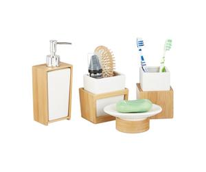 Relaxdays Juego de accesorios de baño blanco,marrón claro,plata