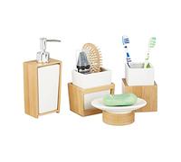 Relaxdays Juego de Accesorios de Baño Moderno, Bambú-Cerámica, Beige-Blanco, 4 Unidades