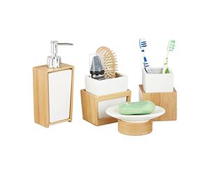 Relaxdays Juego de Accesorios de Baño Moderno, Bambú-Cerámica, Beige-Blanco, 4 Unidades