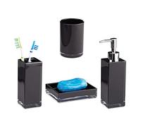 Relaxdays Juego de Accesorios de Baño Moderno, Plástico, Negro, 4 Piezas | Porta cepillos, dispensador de jabón, jabonera