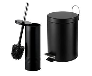 Relaxdays Juego de baño 2 Piezas: escobilla WC y Cubo 5 l, Negro | Sistema de cierre automático, metal, accesorios de baño, juego de baño