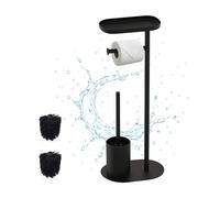 Relaxdays Juego de baño, HBT: 67 x 23 x 17 cm, Soporte Papel higiénico, escobilla, Estante, 2 repuestos, Negro, Hierro, Plástico, 65 x 23 x 17 cm