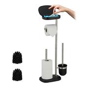 Relaxdays Juego de baño, HxAnxF: 69 x 31 x 16 cm, Soporte de Papel higiénico, escobilla, Bandeja, Negro, Acero Inoxidable, Plástico