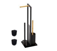 Relaxdays WC, Alto x Ancho x Profundidad: 65 x 21 x 18 cm, Soporte de Papel higiénico de pie, escobilla de Repuesto, Color Negro y Natural