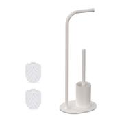 Juego de baño Relaxdays, H x An x F: 64,5 x 23 x 17 cm, Metal, portarrollos de pie con escobilla, Soporte WC, Blanco