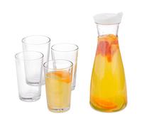 Relaxdays Set Jarra de Vidrio con Vasos, Garrafa Cristal con Tapa y Boquilla, 1 Litro, 4 Vasitos de 220 ml, Transparente, 5 Piezas