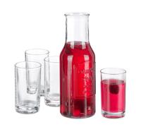 Relaxdays Juego Jarra de Vidrio con Vasos, Garrafa Cristal sin Tapa de 1,5 litros, 4 Vasitos de 200 ml, Transparente, 5 Piezas