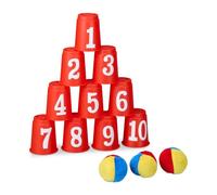 Relaxdays Juego de Lanzamiento de Latas para Niños, 10 Vasos Plásticos y 3 Pelotas, para Fiestas Infantiles, Multicolor, 8,5 x 7 cm