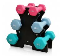 Juego de mancuernas Relaxdays, 3 pares, 1-3 kg, de hierro fundido, recubiertas PVC, antideslizantes, soporte, multicolor
