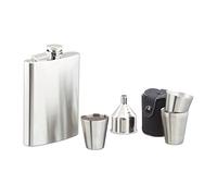 relaxdays Juego de Petaca de 200 ml, Embudo, 4 Vasos y Funda, Acero Inoxidable y Cuero, 7 Piezas, Plateado