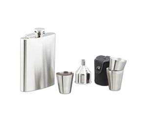relaxdays Juego de Petaca de 200 ml, Embudo, 4 Vasos y Funda, Acero Inoxidable y Cuero, 7 Piezas, Plateado