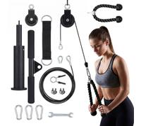 Relaxdays Juego de poleas 14 pzas, Cable de Acero, Cuerda tríceps, Negro | agarre barra, para techo y barra dominadas