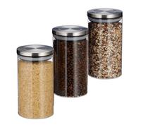 Relaxdays Recipientes para Alimentos, Botes de 1L, Tapa de Acero Inoxidable, Tarro para Galletas, 3 Uds., Transparente
