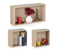 Relaxdays Juego Forma Estantería de Pared Cubo, Set de 3, Estante Colgante Efecto Madera, 2 Tamaños, Rectangular y Cuadrado, Natural, Tablero de Fibras, 25x49x12 cm