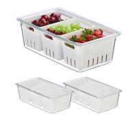 Relaxdays Juego frigorífico Organizador Nevera, Set 3, Apilable, 3 Cestas Escurridoras, Almacenaje Alimentos con Tapa, Transparente/Blanco, 10 x 32 x 17,5 cm