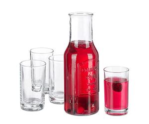 Relaxdays Juego Jarra de Vidrio con Vasos, Garrafa Cristal sin Tapa de 1,5 litros, 4 Vasitos de 200 ml, Transparente