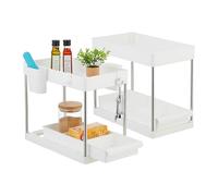 Relaxdays Juego Lavabo Estantes Bajo Fregadero, Set Baldas, Extraíbles, 4 Ganchos y 2 Contenedores C/U, 33x22x40 cm, Blanco, Acero Inoxidable