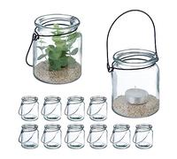 Relaxdays Juego Portavelas Cristal, Set de 12, Porta Velas con Asa, 9,5 x 8 cm, Tarros Vidrio Redondos, Transparente/Negro, Hierro