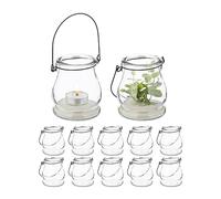 Relaxdays Juego Set de 12 Portavelas Cristal, Asa para Colgar, Interior y Exterior, Porta Velas de Té, 10x8,5 cm, Transparente