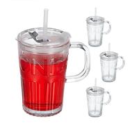 Relaxdays Juego Set de 4 Vasos, Jarras para Beber con Tapa y Pajita, Jarritas Batidos 450 ml, Vasitos con Asa, Transparente