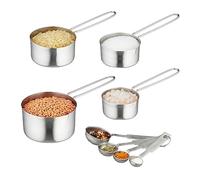 Relaxdays 8 Piezas. Juego Kit 8 Cuencos y Cuchara Medidoras, Tazas Medir Ingredientes Acero INOX, Escala Cups Americanas y Ml, Plata, Inoxidable, 6 x 17 x 8,5 cm