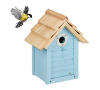 Relaxdays Kit Caja Nido para Herrerillos, Casa Pájaros, Colgante, Techo Puntiagudo, Orificio Entrada, Celeste/Natural, Madera, 27 x 22 x 15 cm