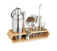 Relaxdays Kit coctelería de 16 piezas con soporte marrón claro,plata