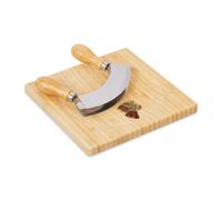 Relaxdays Cuchillo Media Luna con Tabla Corte Cuadrada 20x20cm, Tajadera Dos Hojas, Picahierbas Acero, Natural y Plata, Inoxidable