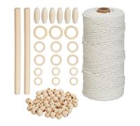 Relaxdays Juego Kit Macramé 73 Piezas, Principiantes, 109 m Hilo Algodón 3 mm, Cuentas, Palos y Anillos Madera, Blanco/Natural